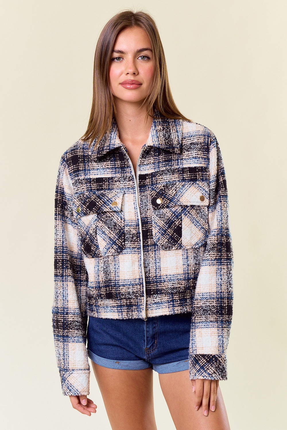 Textured Plaid Collared Neck Jacket